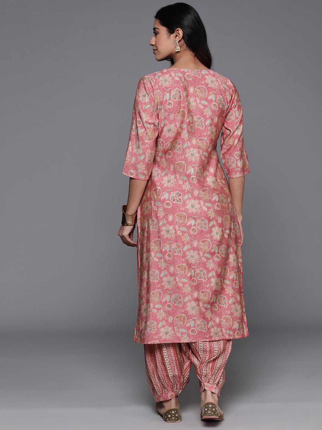 Peach Printed Silk Blend Straight Kurta Set