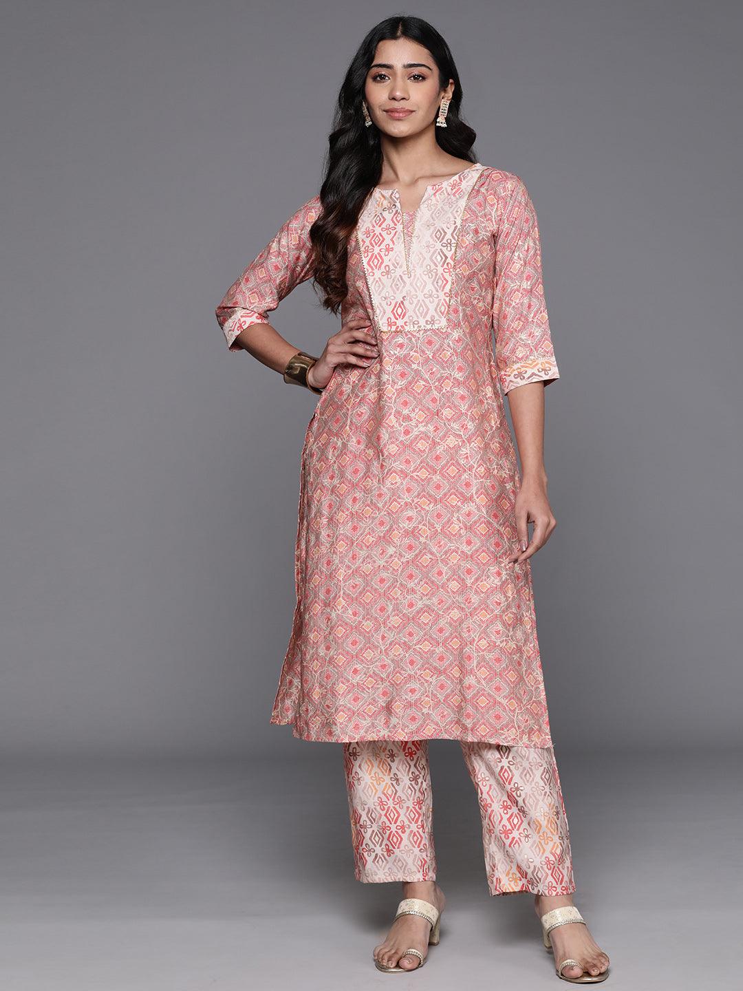 Peach Printed Silk Blend Straight Kurta Set