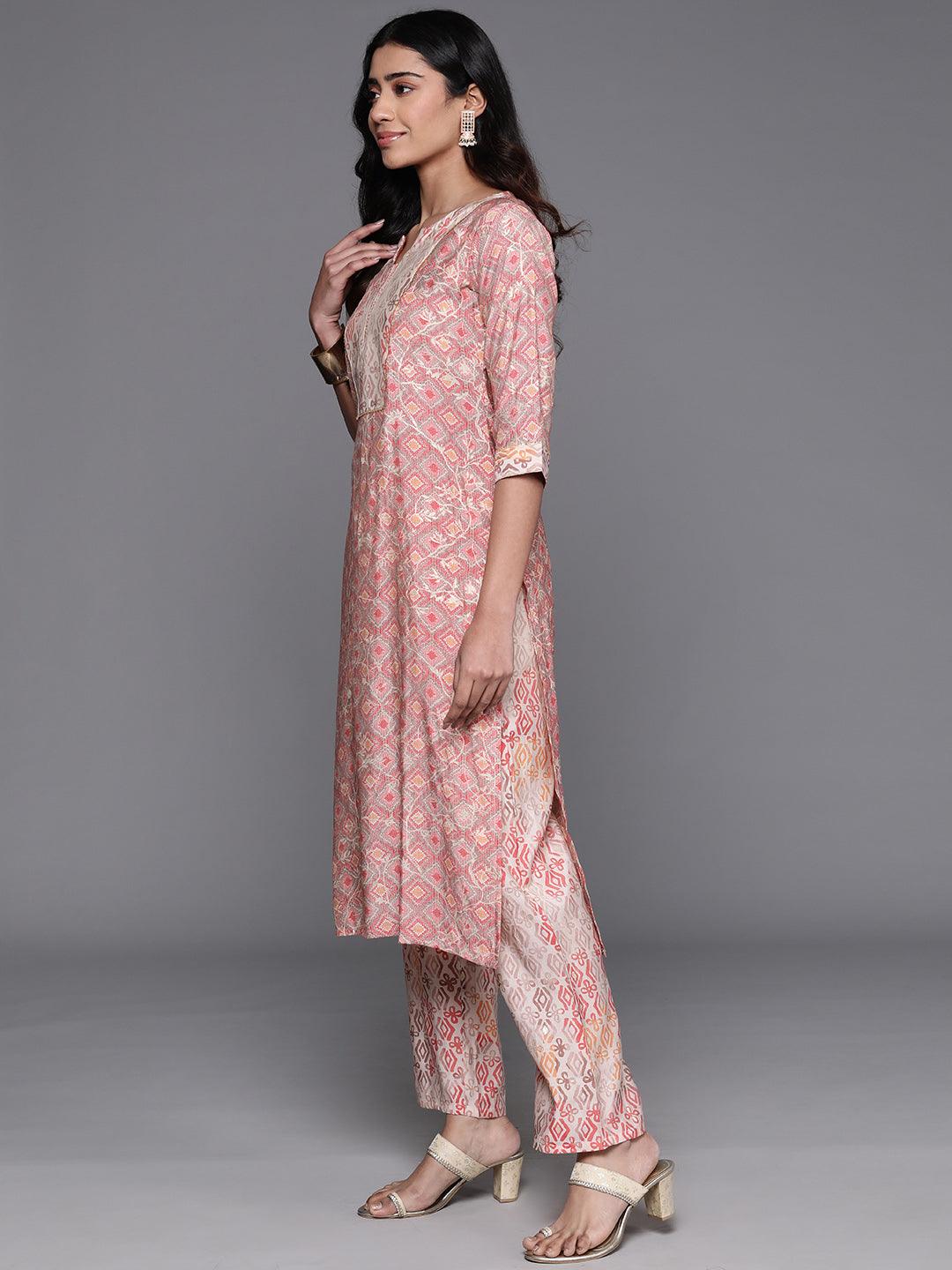 Peach Printed Silk Blend Straight Kurta Set