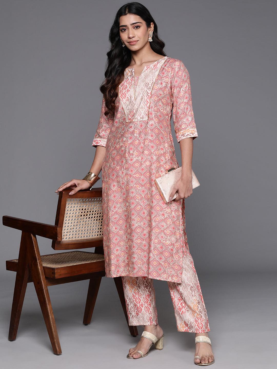 Peach Printed Silk Blend Straight Kurta Set