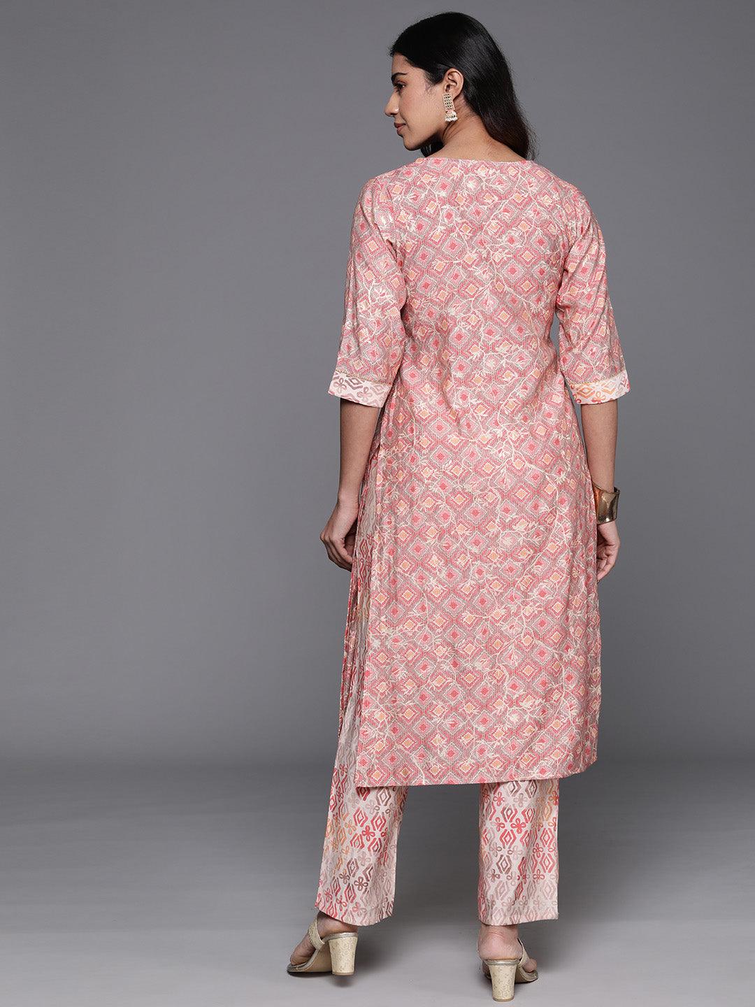 Peach Printed Silk Blend Straight Kurta Set