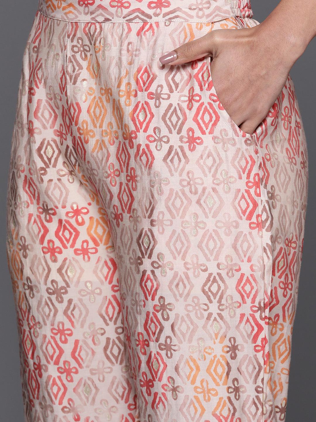 Peach Printed Silk Blend Straight Kurta Set