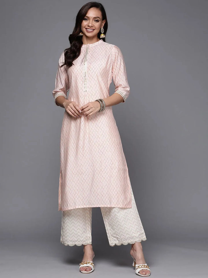 Peach Printed Silk Straight Kurta - ShopLibas