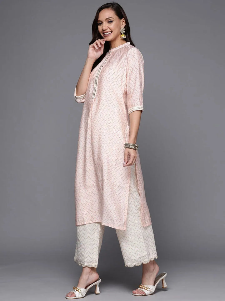 Peach Printed Silk Straight Kurta - ShopLibas