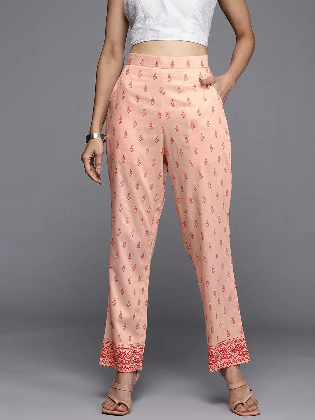 Peach Printed Silk Trousers - ShopLibas