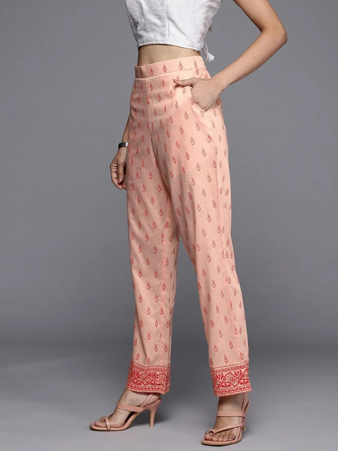 Peach Printed Silk Trousers - ShopLibas