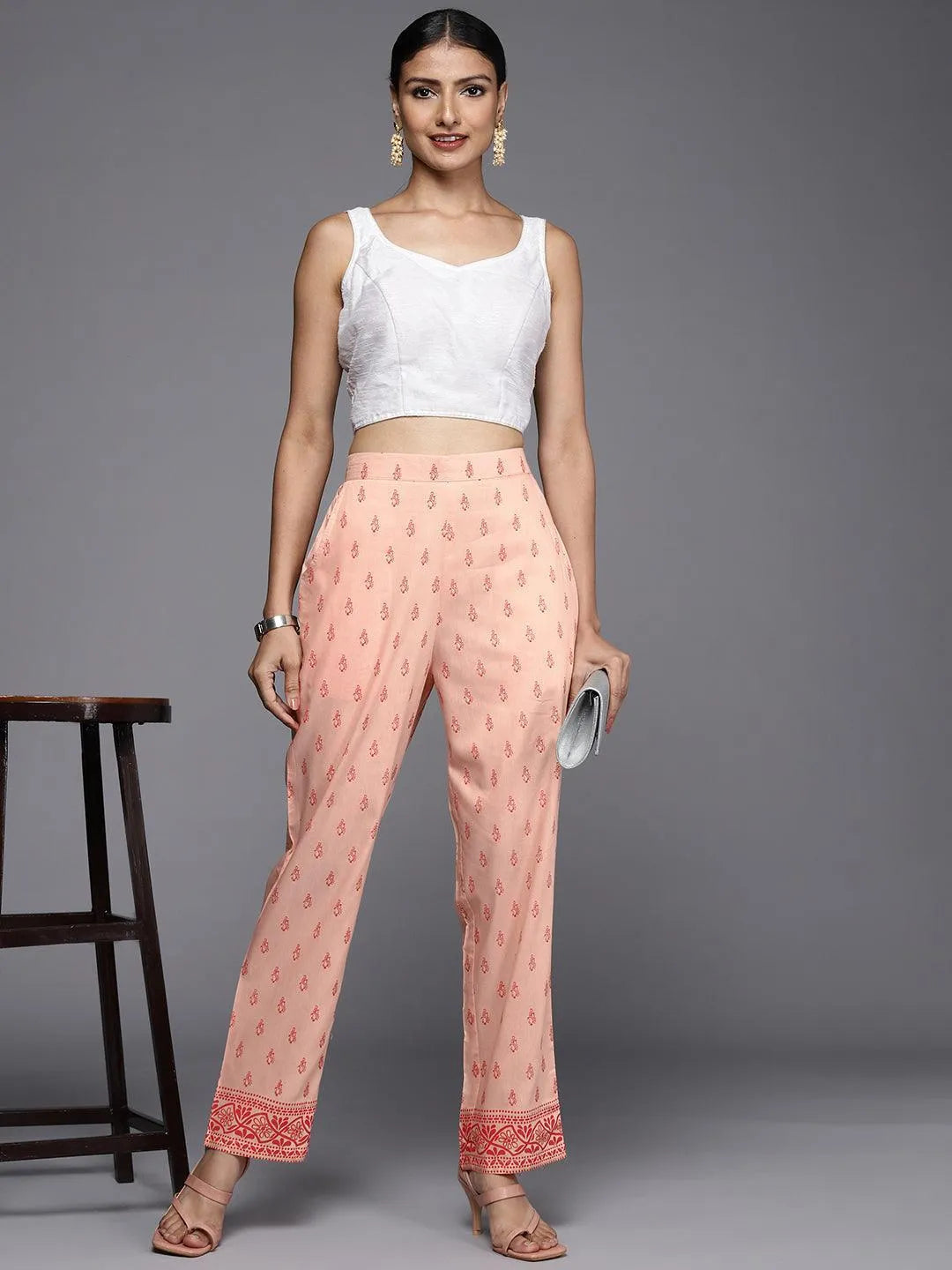 Peach Printed Silk Trousers - ShopLibas