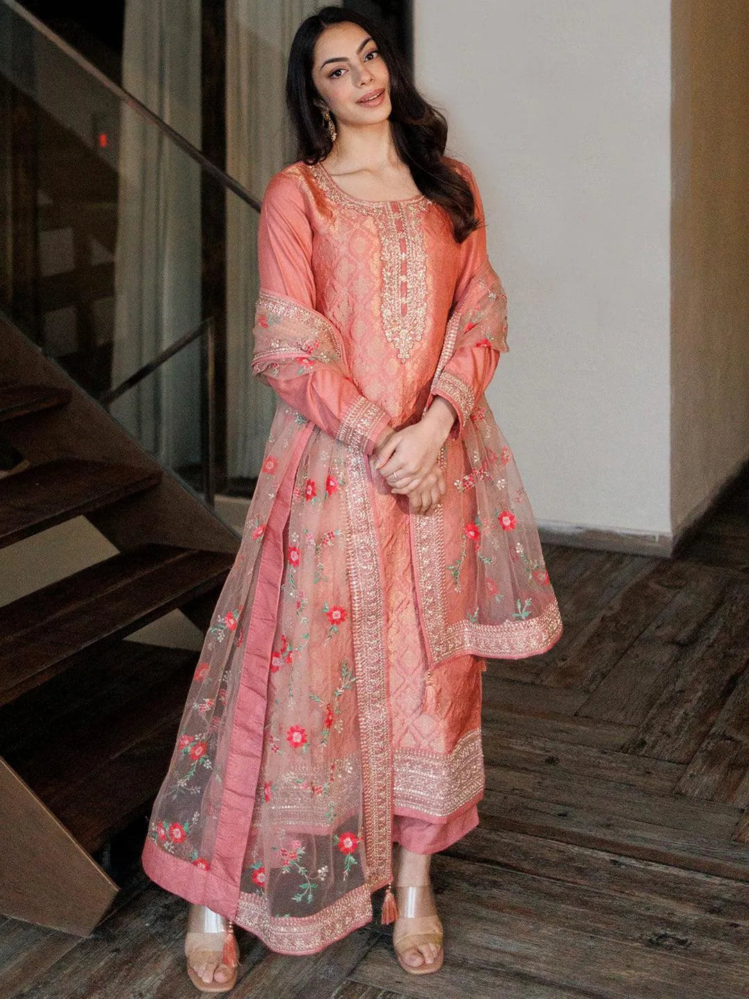 Peach Self Design Silk Blend Straight Suit Set