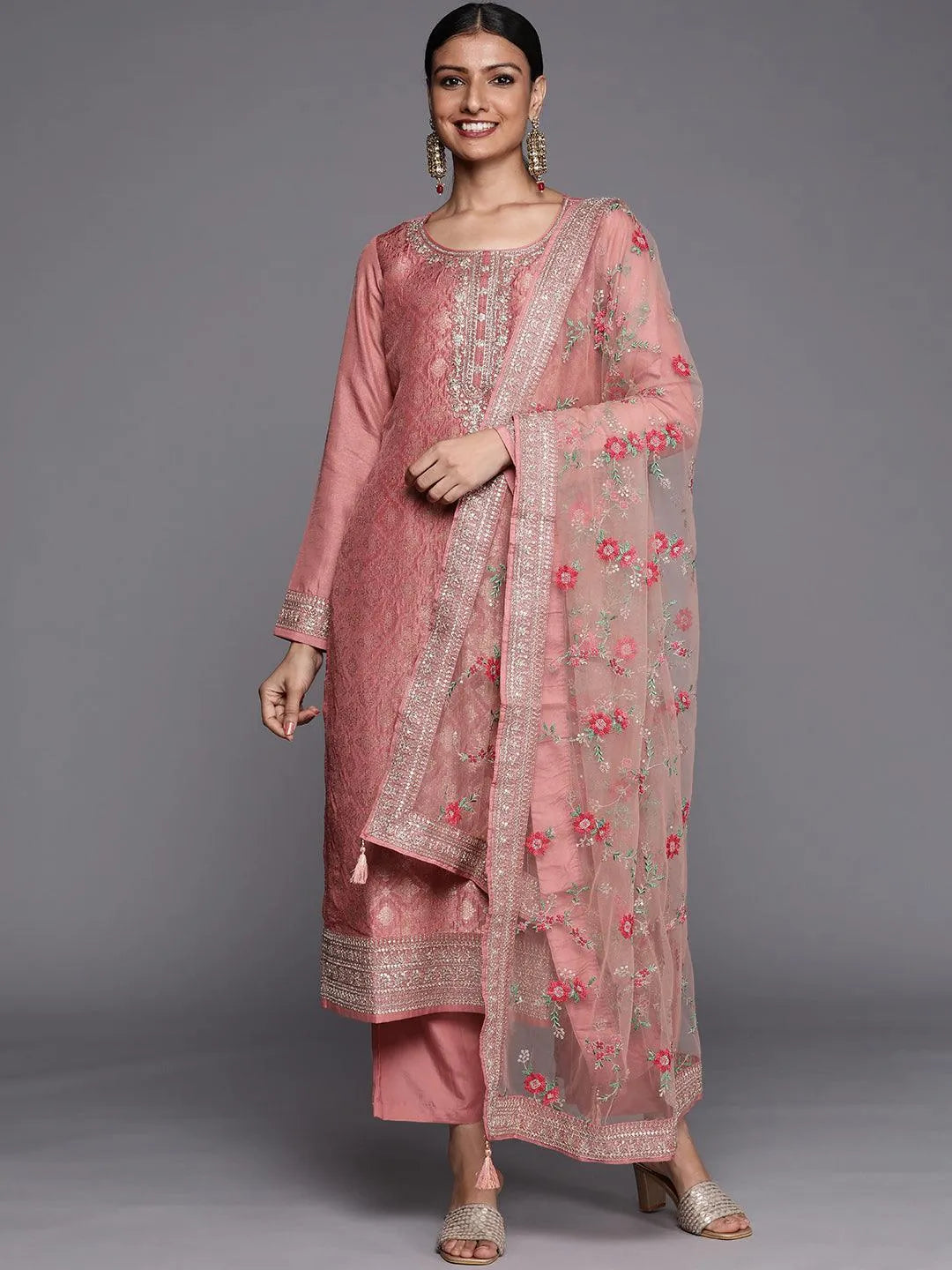 Peach Self Design Silk Blend Straight Suit Set