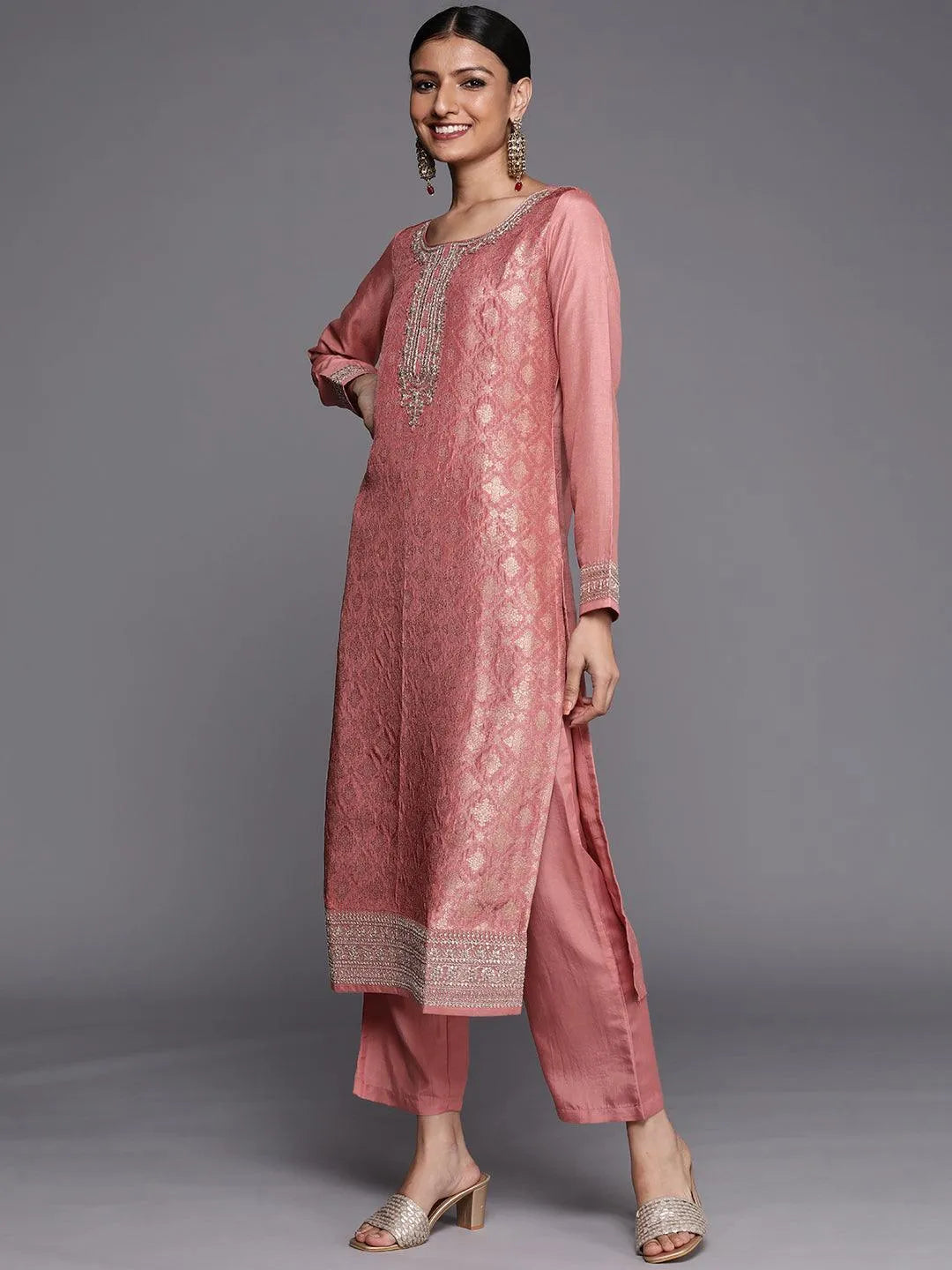 Peach Self Design Silk Blend Straight Suit Set