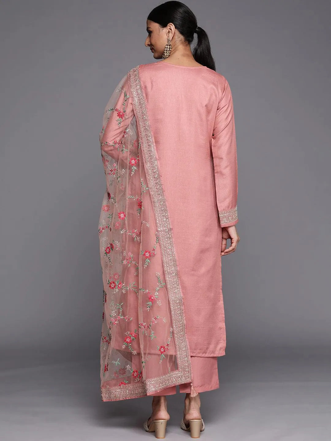 Peach Self Design Silk Blend Straight Suit Set - ShopLibas