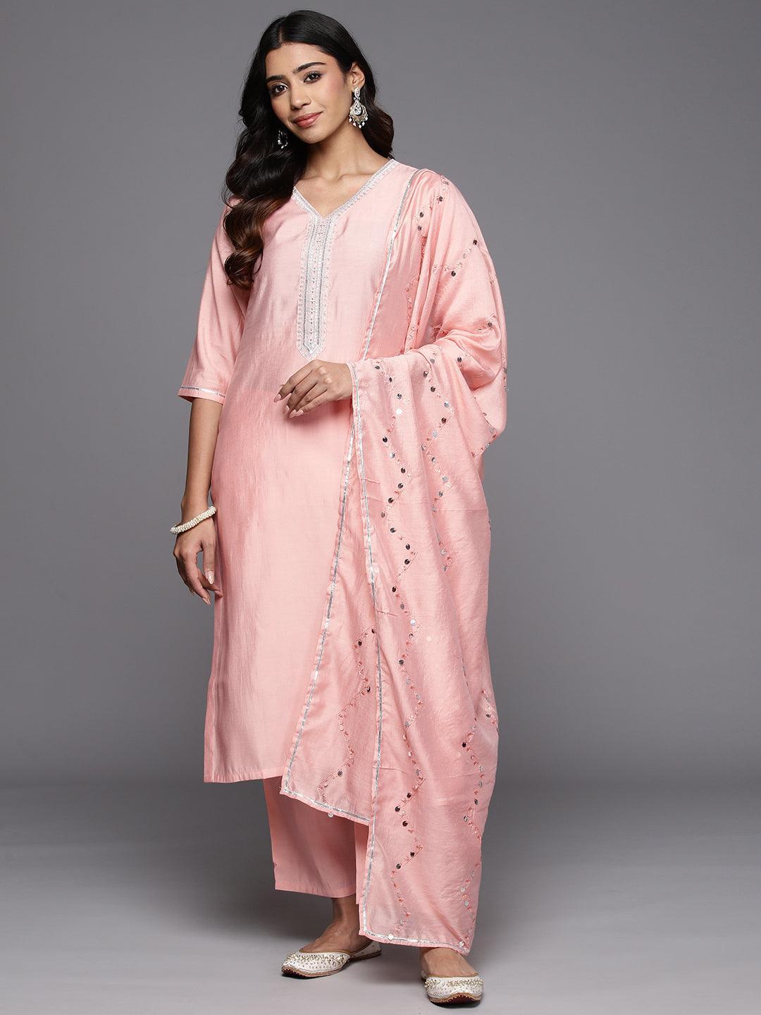 Peach Yoke Design Silk Blend Straight Kurta With Trousers & Dupatta - Libas