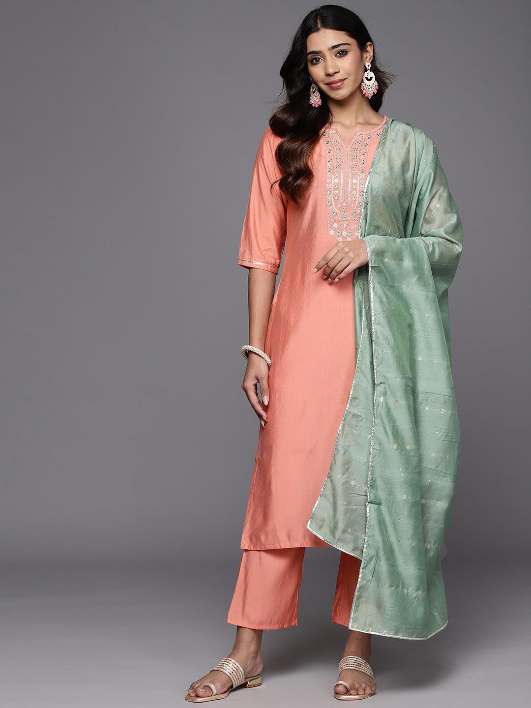 Peach Yoke Design Silk Blend Straight Suit With Dupatta