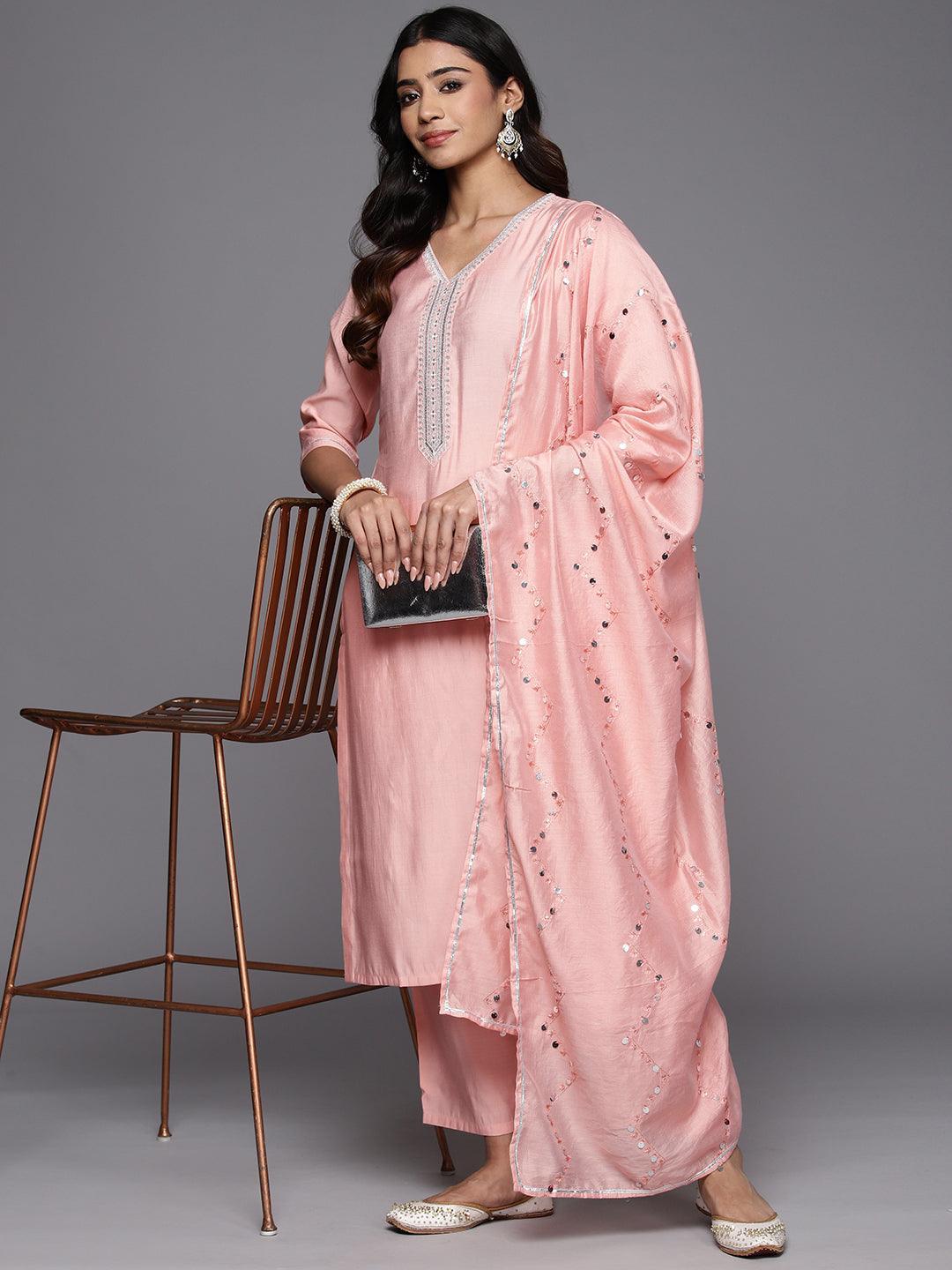 Peach Yoke Design Silk Blend Straight Kurta With Trousers & Dupatta - Libas