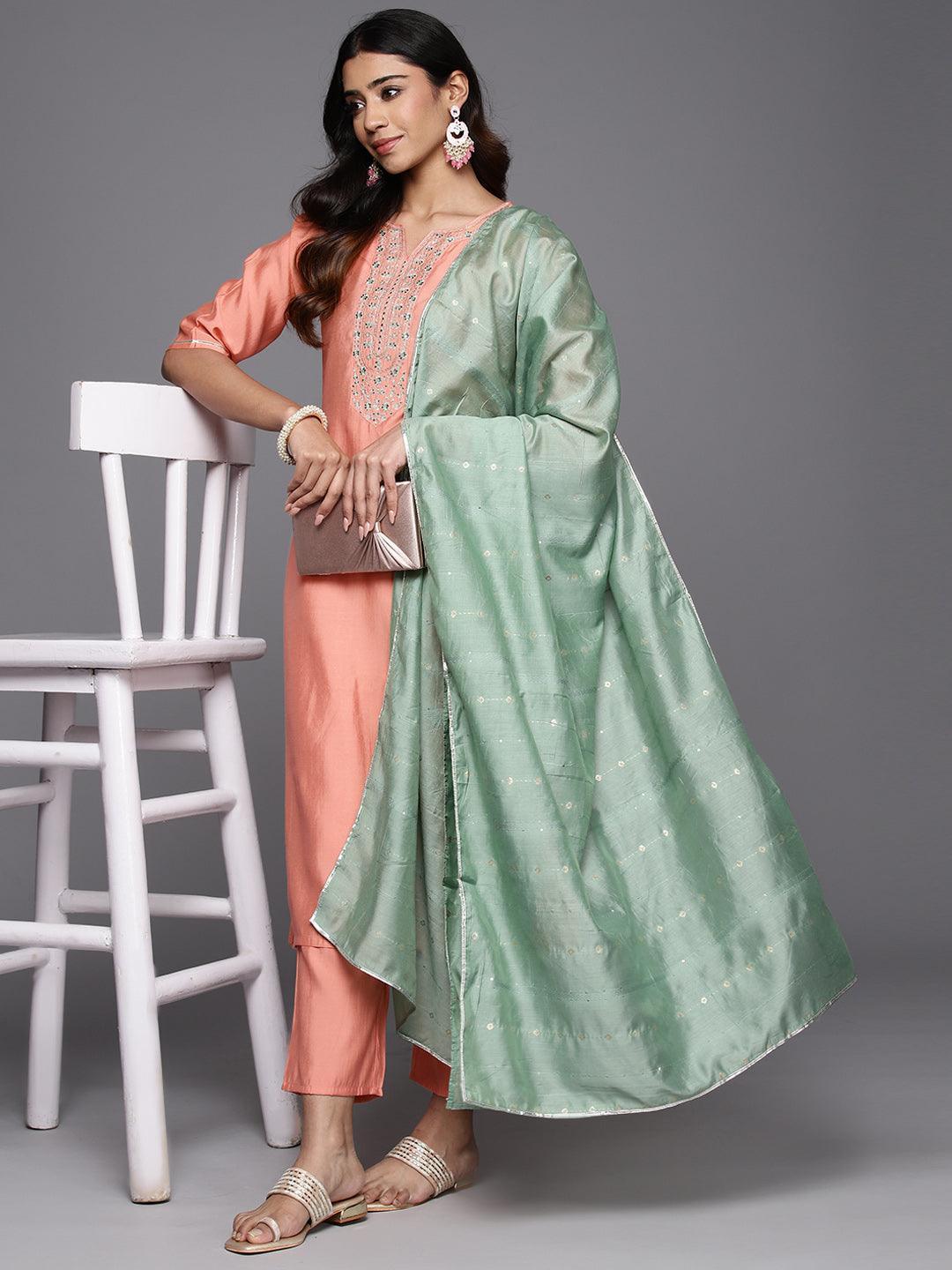 Peach Yoke Design Silk Blend Straight Kurta With Trousers & Dupatta - Libas