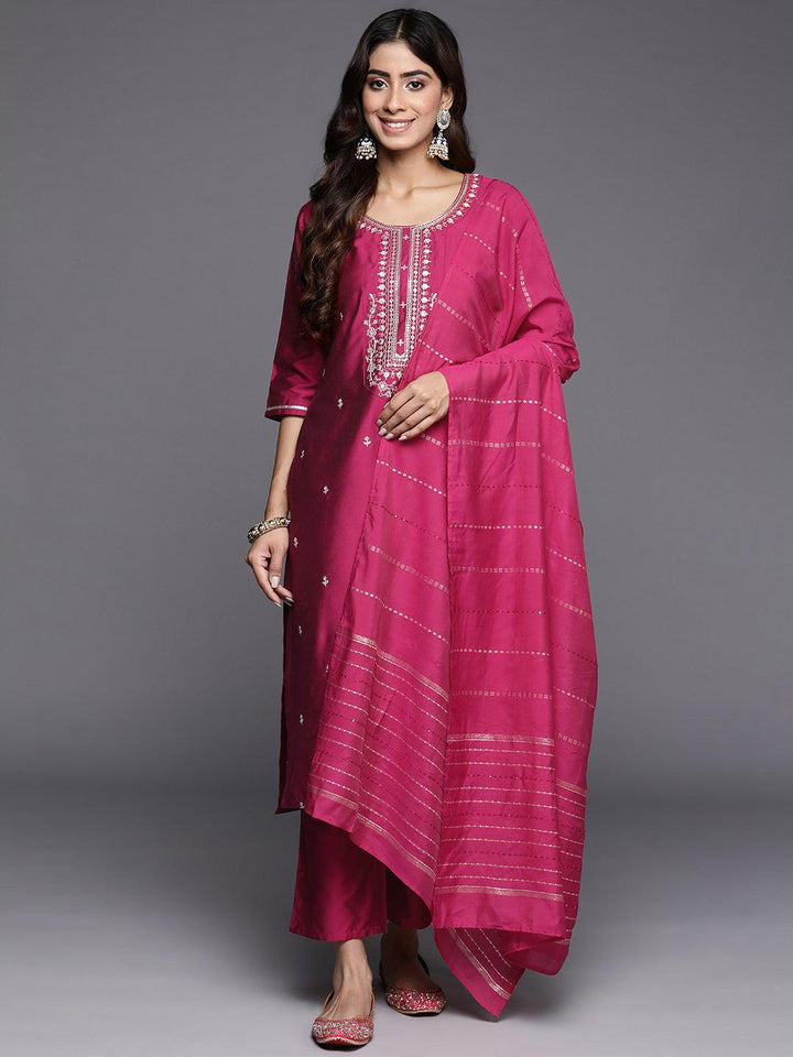 Pink Embroidered Silk Blend Straight Kurta With Trousers & Dupatta - Libas