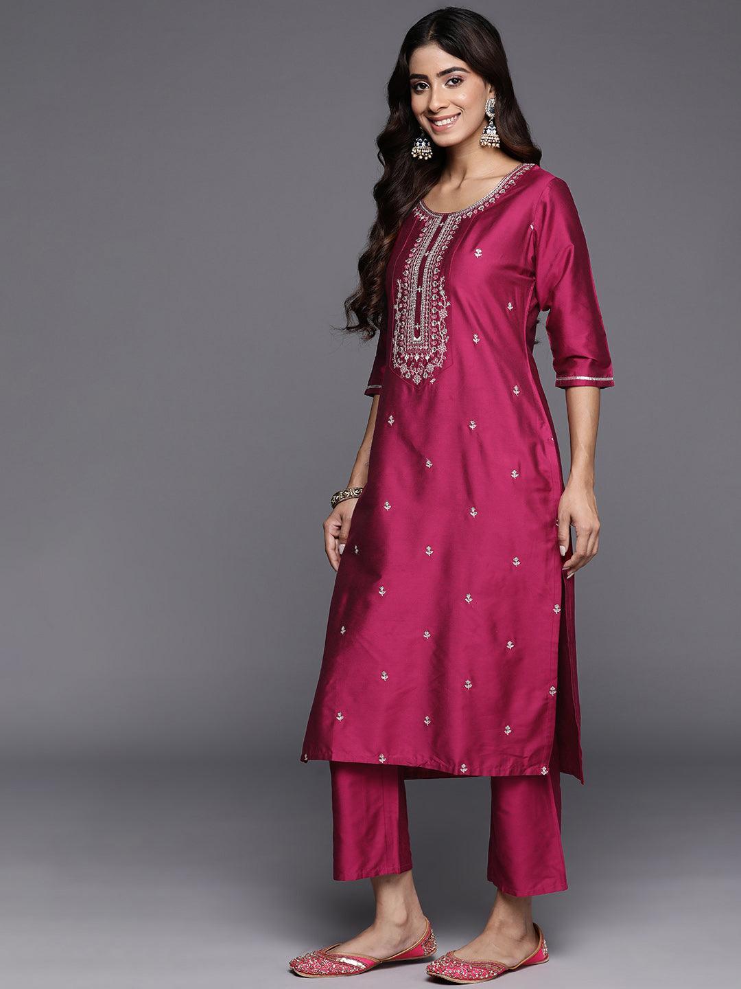 Pink Embroidered Silk Blend Straight Kurta With Trousers & Dupatta - Libas