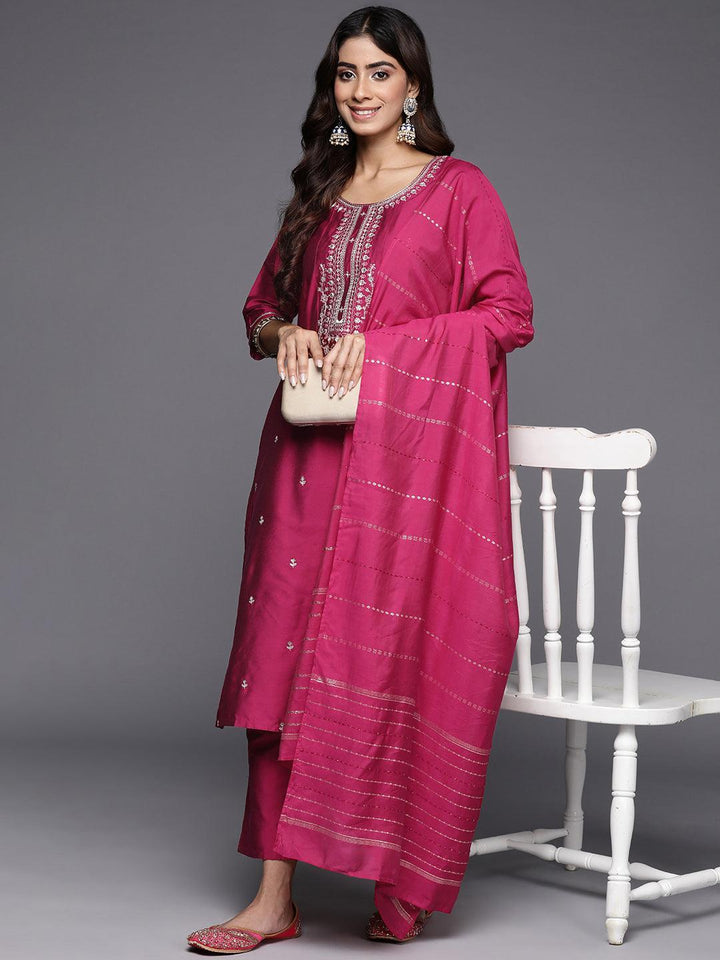 Pink Embroidered Silk Blend Straight Kurta With Trousers & Dupatta - Libas