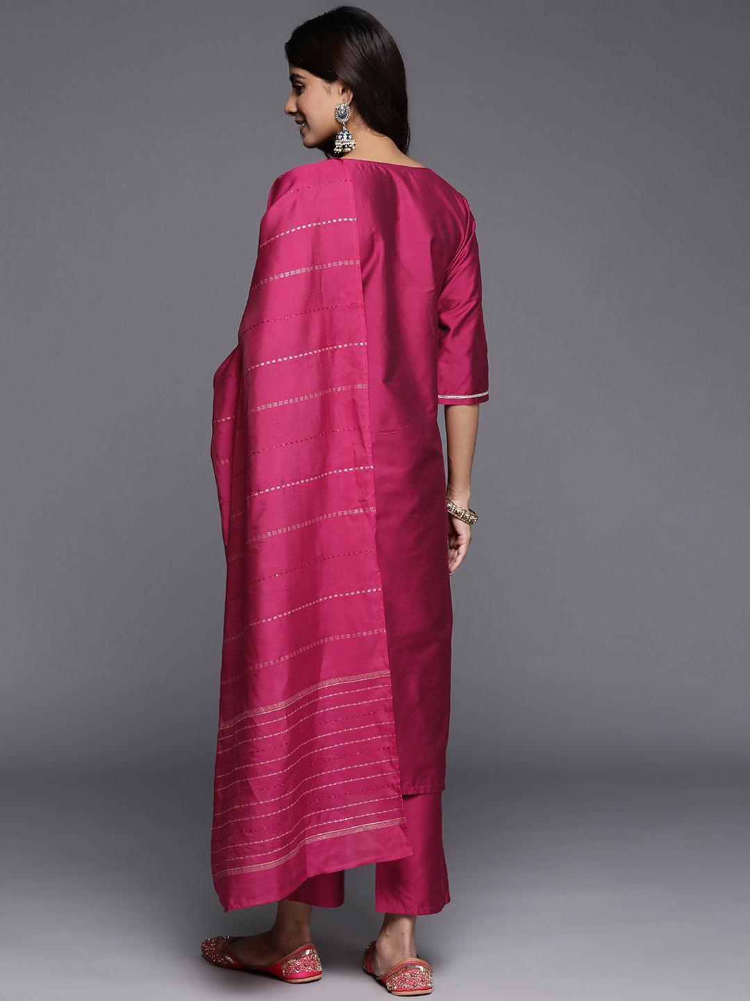 Pink Embroidered Silk Blend Straight Kurta With Trousers & Dupatta - Libas