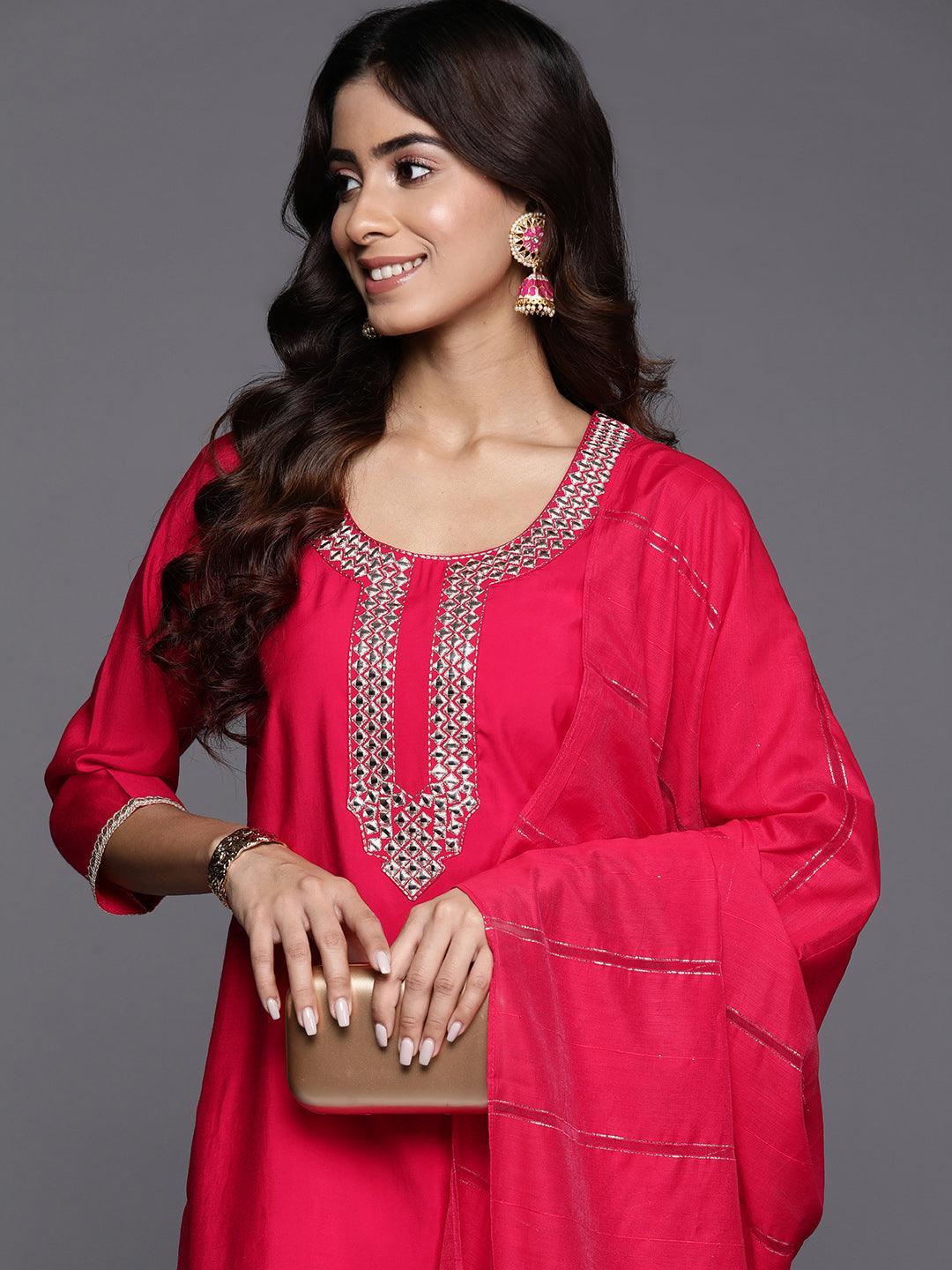 Pink Embroidered Silk Blend Straight Kurta With Trousers & Dupatta - Libas