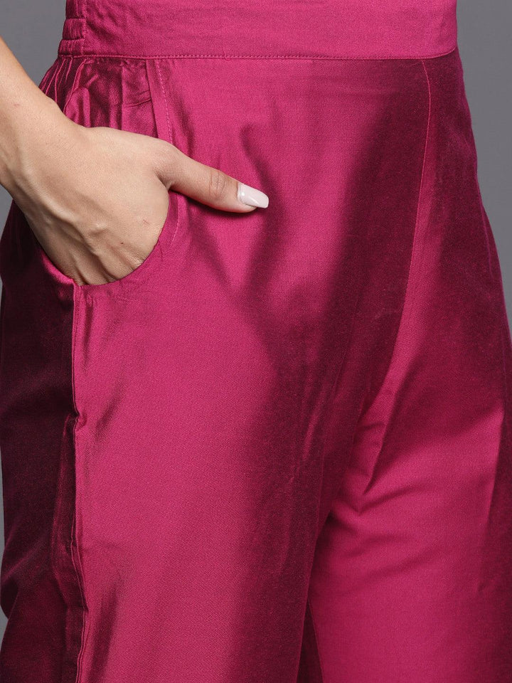 Pink Embroidered Silk Blend Straight Kurta With Trousers & Dupatta - Libas