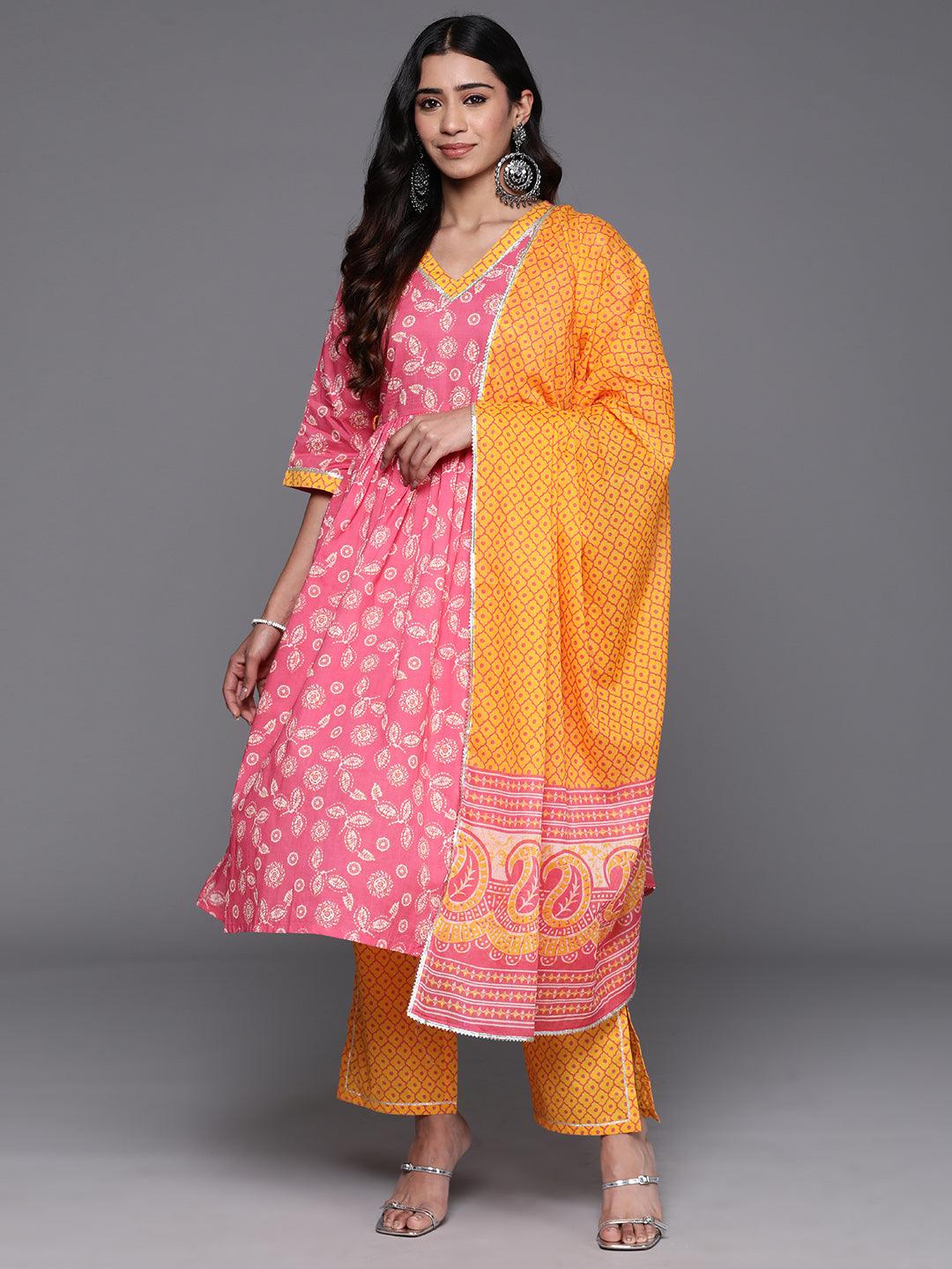 Pink Printed Cotton A-Line Kurta With Trousers & Dupatta