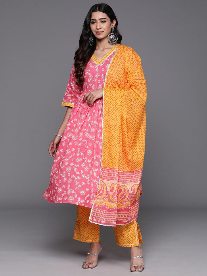 Pink Printed Cotton A-Line Kurta With Trousers & Dupatta - ShopLibas