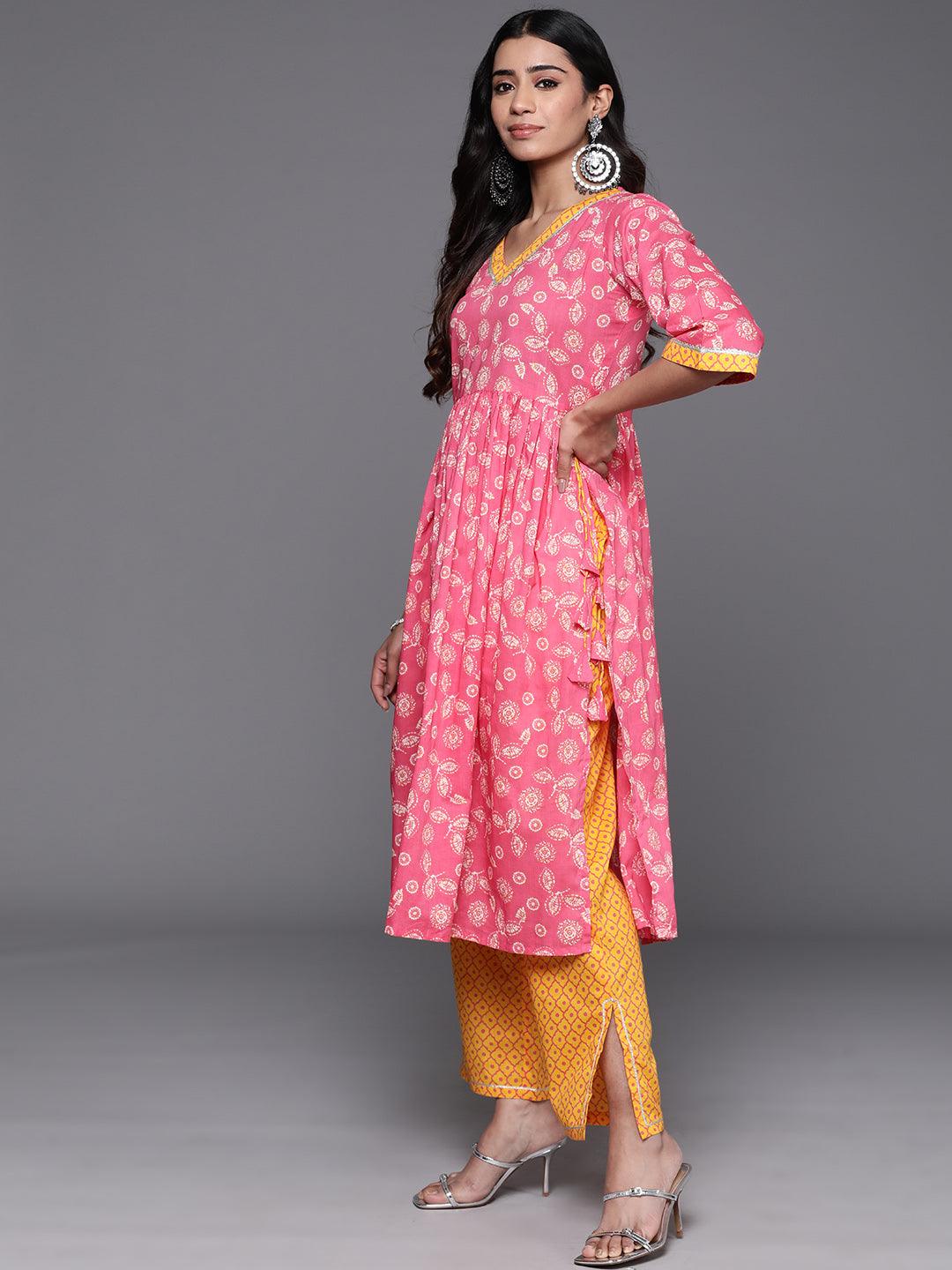 Pink Printed Cotton A-Line Kurta With Trousers & Dupatta