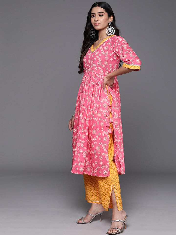 Pink Printed Cotton A-Line Kurta With Trousers & Dupatta - ShopLibas