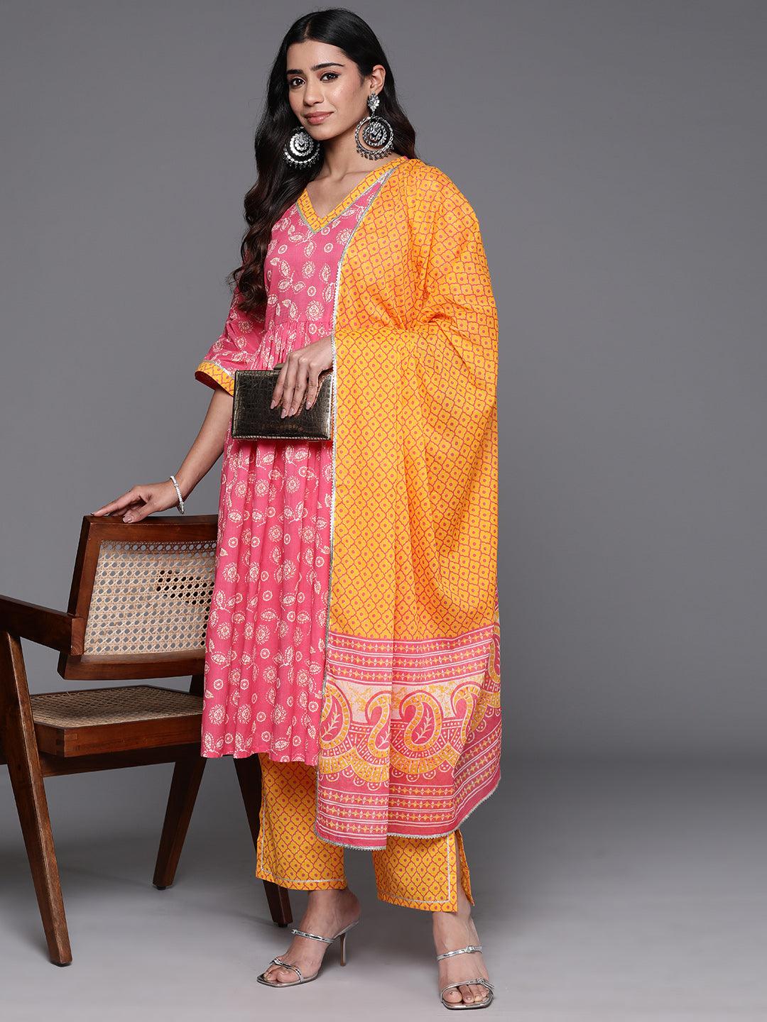 Pink Printed Cotton A-Line Kurta With Trousers & Dupatta