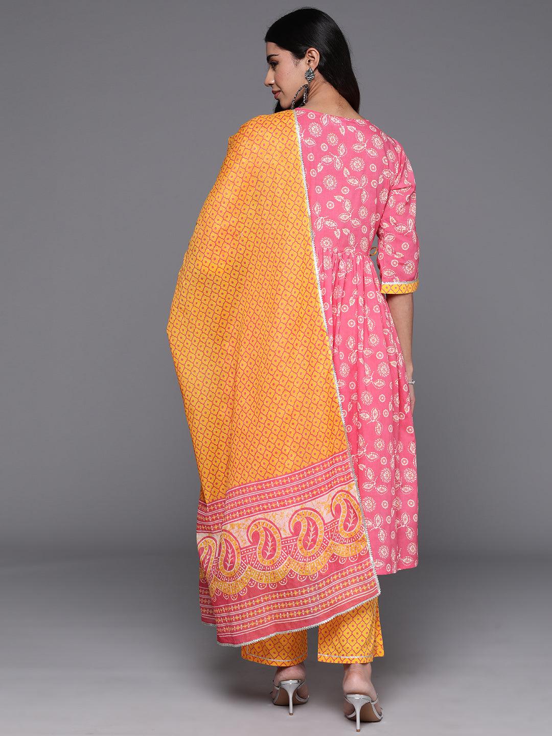 Pink Printed Cotton A-Line Kurta With Trousers & Dupatta