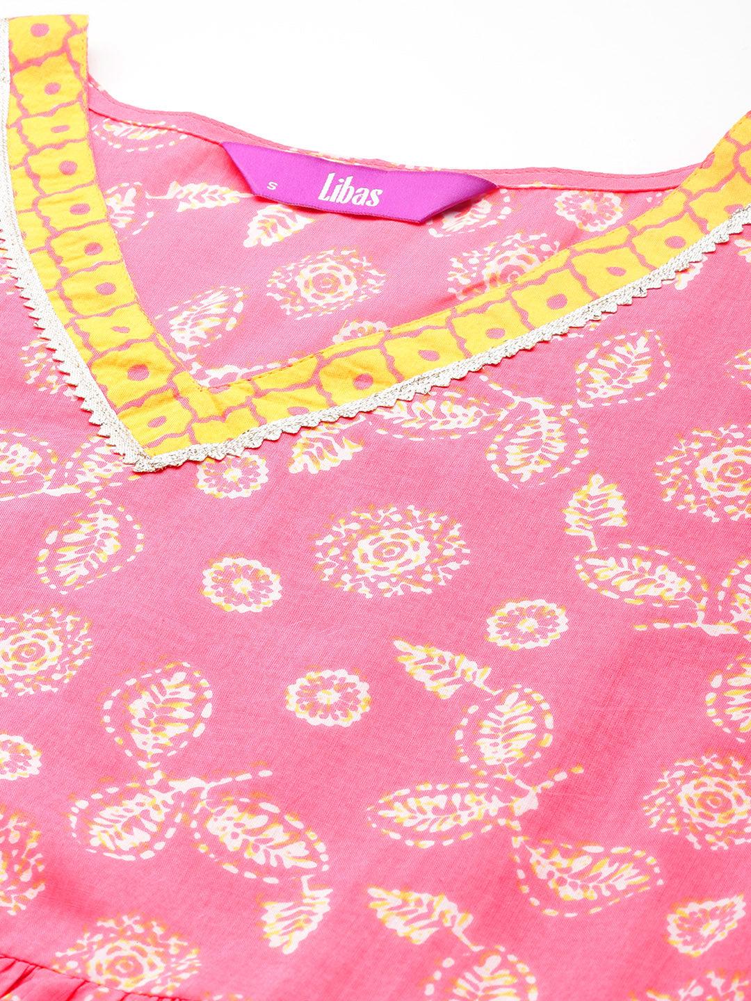 Pink Printed Cotton A-Line Kurta With Trousers & Dupatta