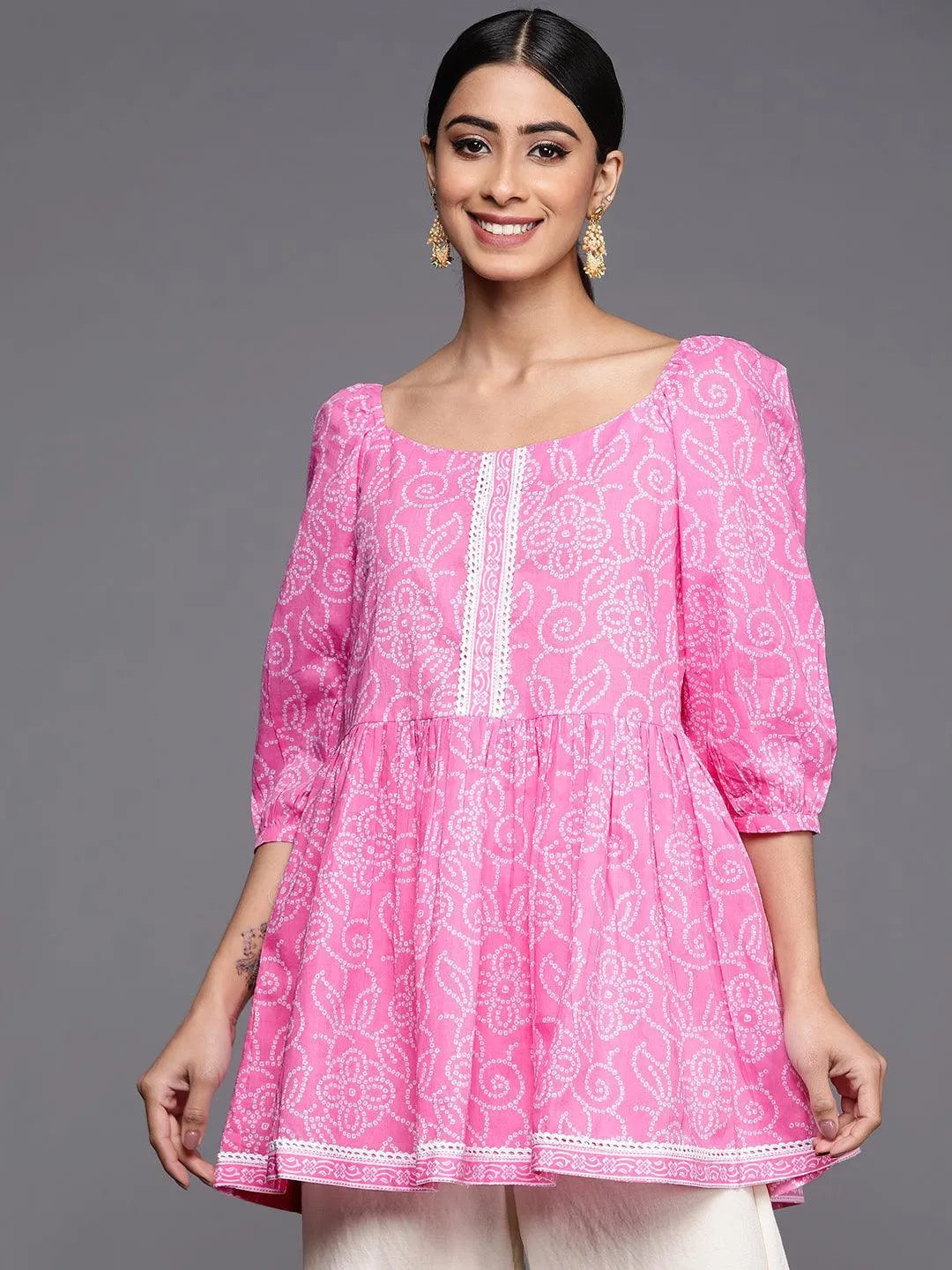 Pink Printed Cotton A-Line Kurti