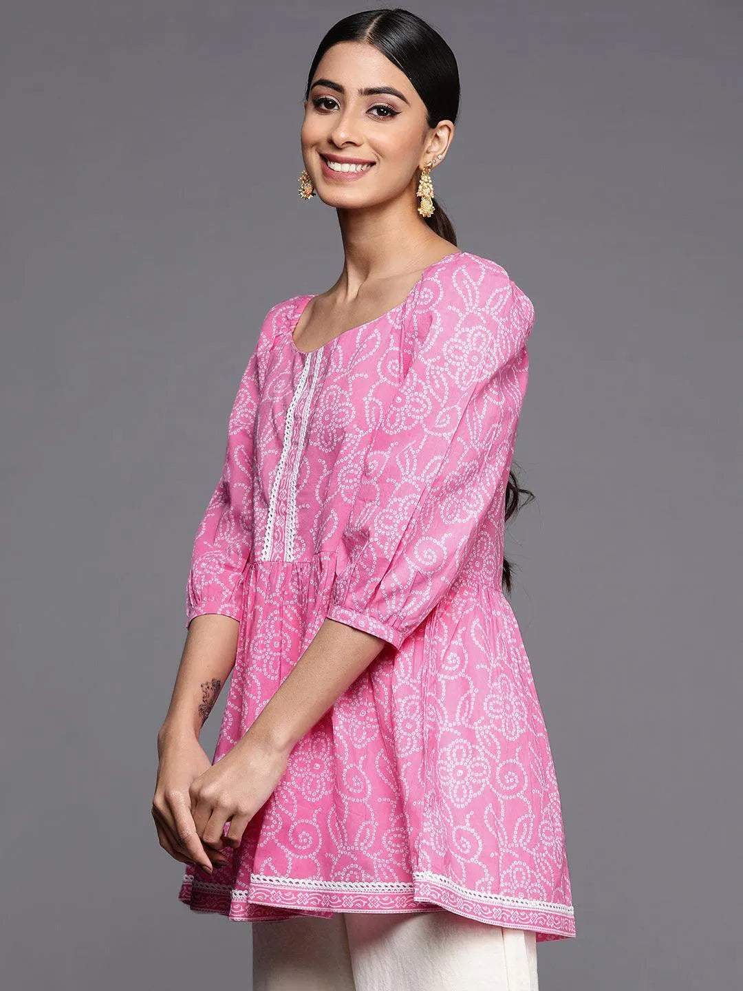 Pink Printed Cotton A-Line Kurti