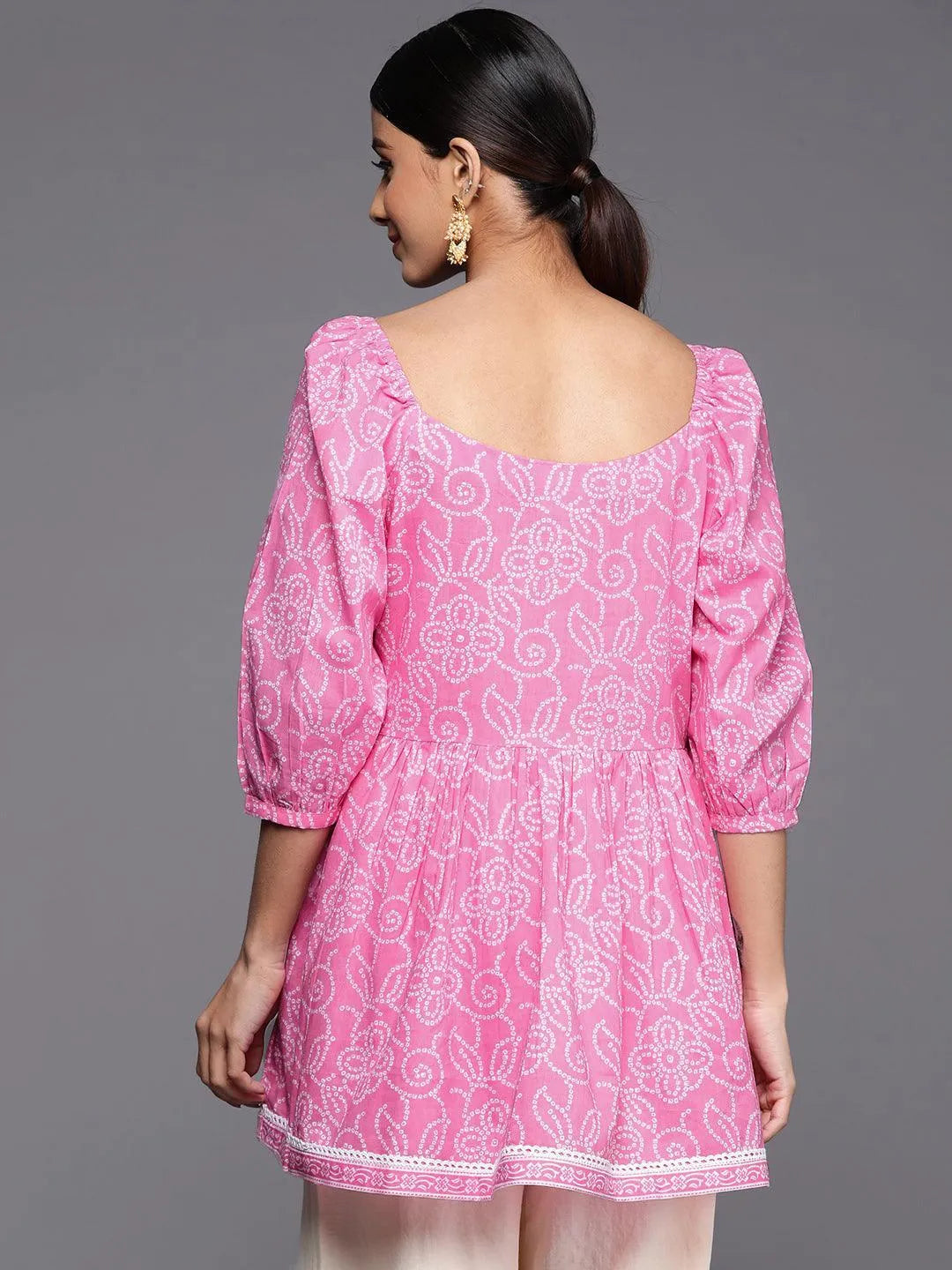 Pink Printed Cotton A-Line Kurti