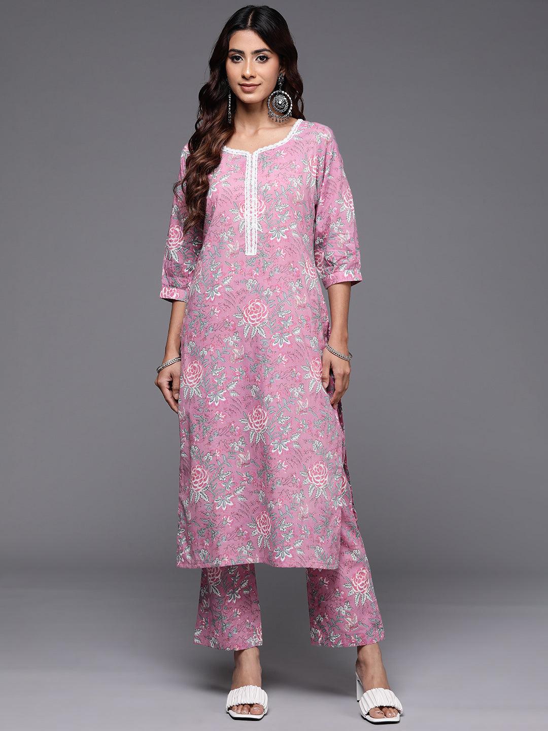 Pink Printed Cotton Straight Kurta Set