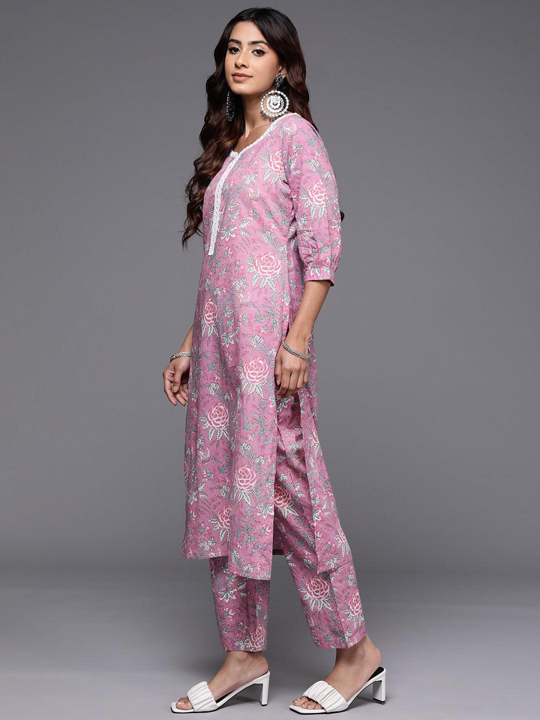 Pink Printed Cotton Straight Kurta Set