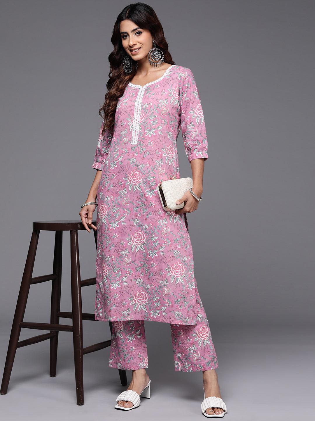 Pink Printed Cotton Straight Kurta Set