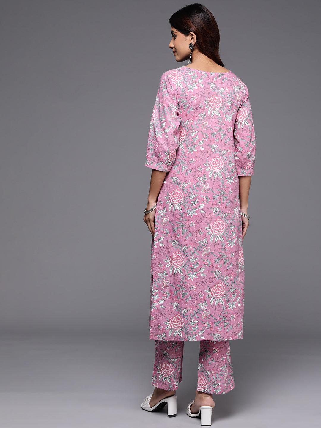 Pink Printed Cotton Straight Kurta Set