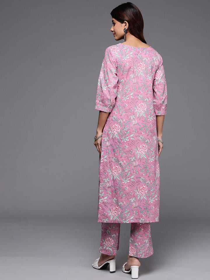 Pink Printed Cotton Straight Kurta With Trousers - ShopLibas