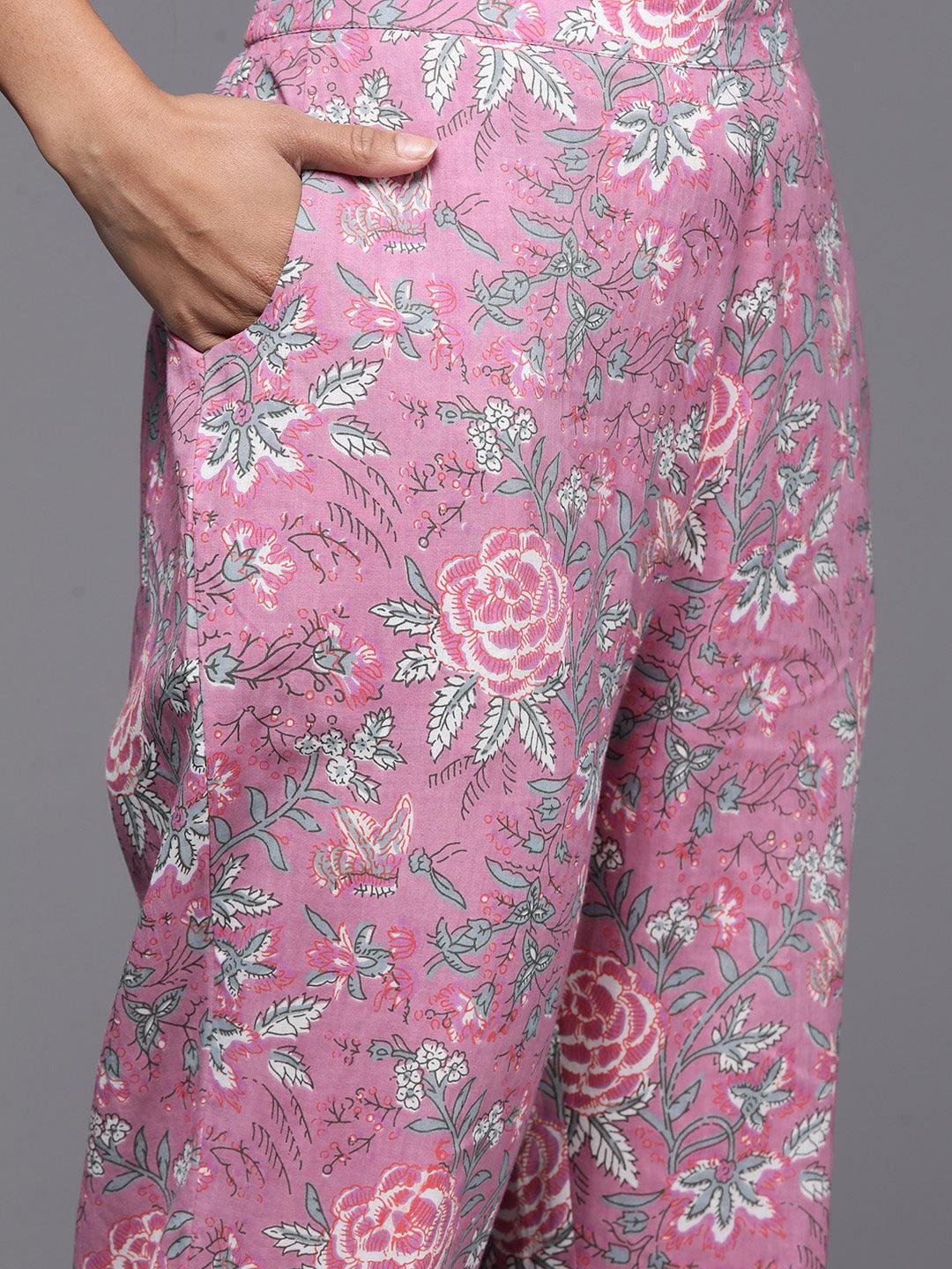 Pink Printed Cotton Straight Kurta Set