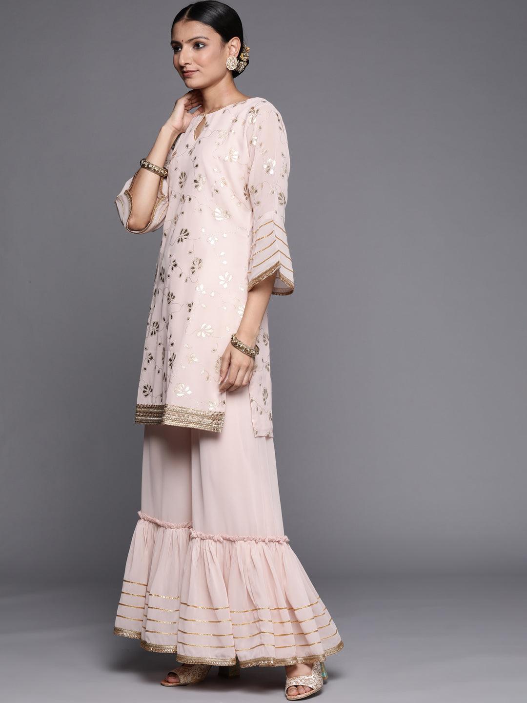 Pink Printed Georgette Straight Kurta With Sharara & Dupatta