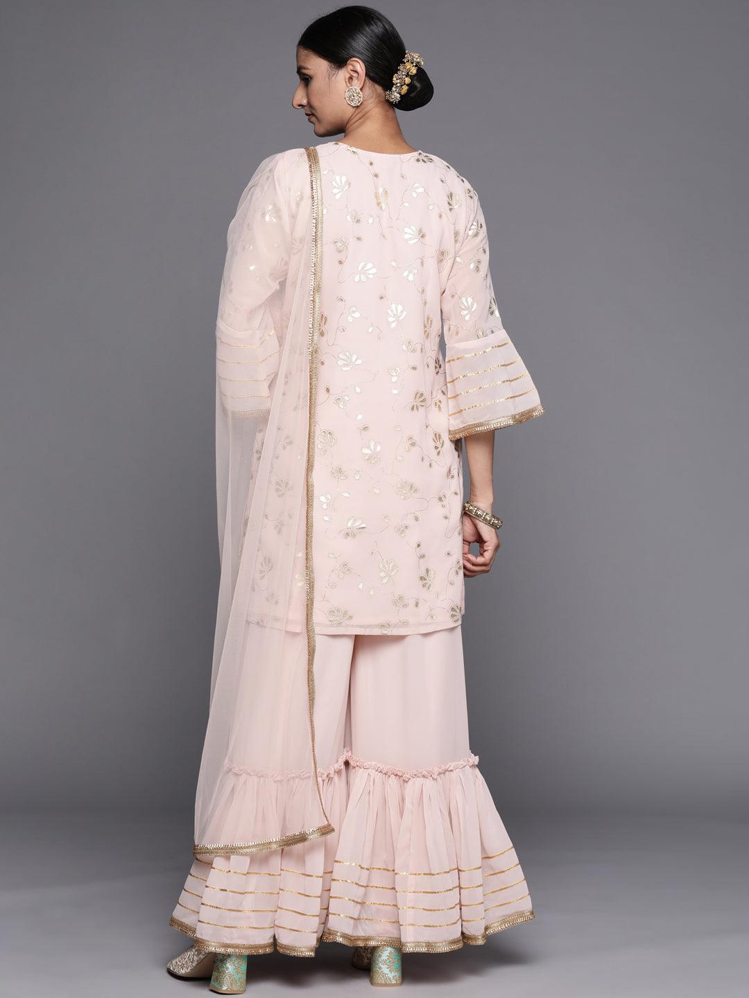 Pink Printed Georgette Straight Kurta With Sharara & Dupatta