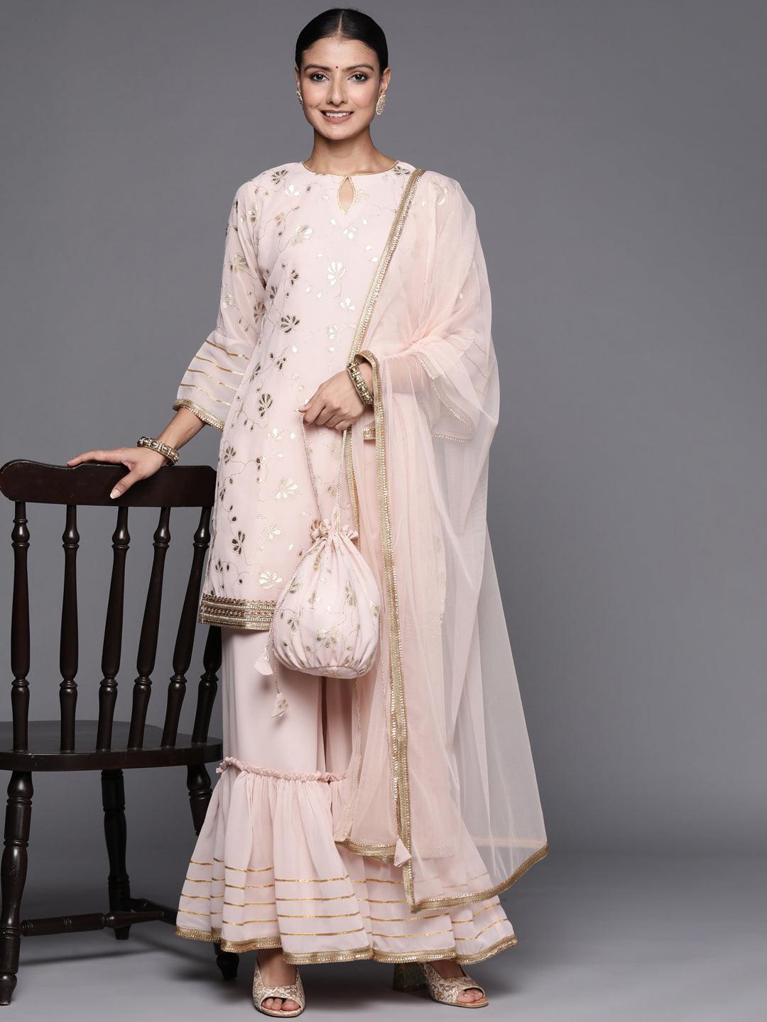 Pink Printed Georgette Straight Kurta With Sharara & Dupatta