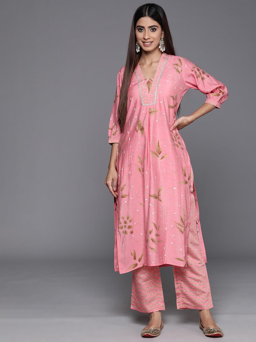 Pink Printed Silk Blend Straight Kurta Set