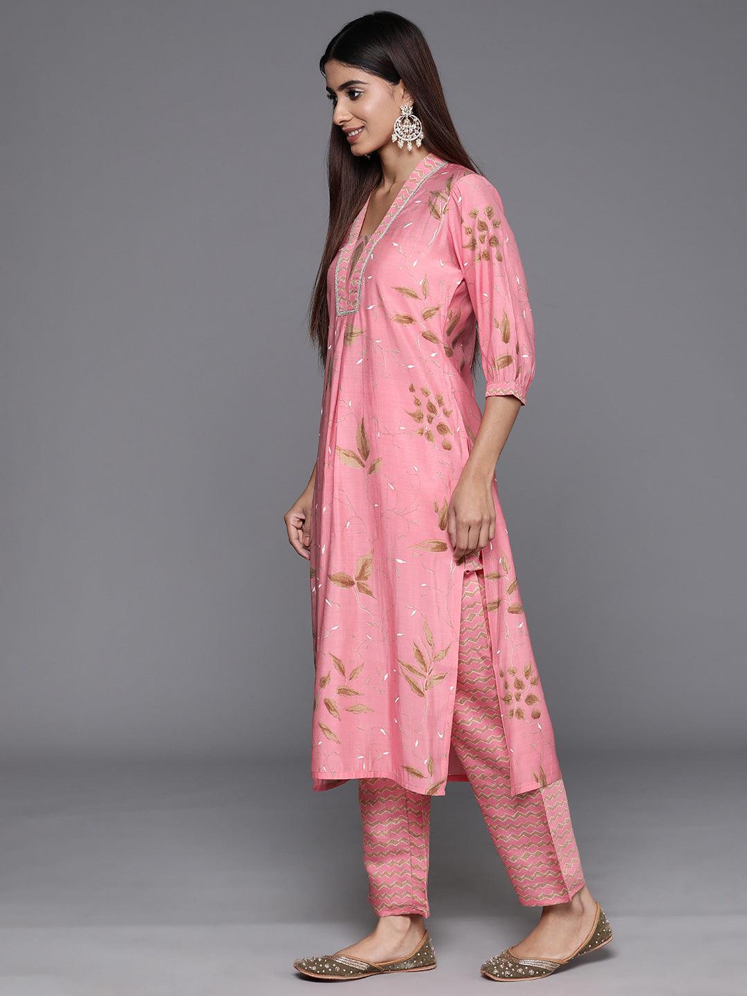 Pink Printed Silk Blend Straight Kurta Set