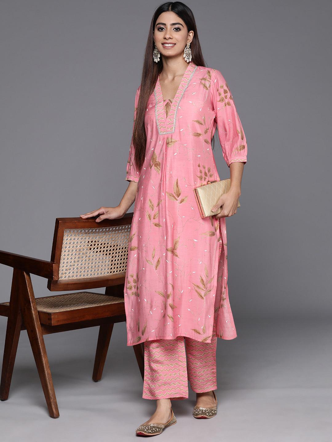 Pink Printed Silk Blend Straight Kurta Set