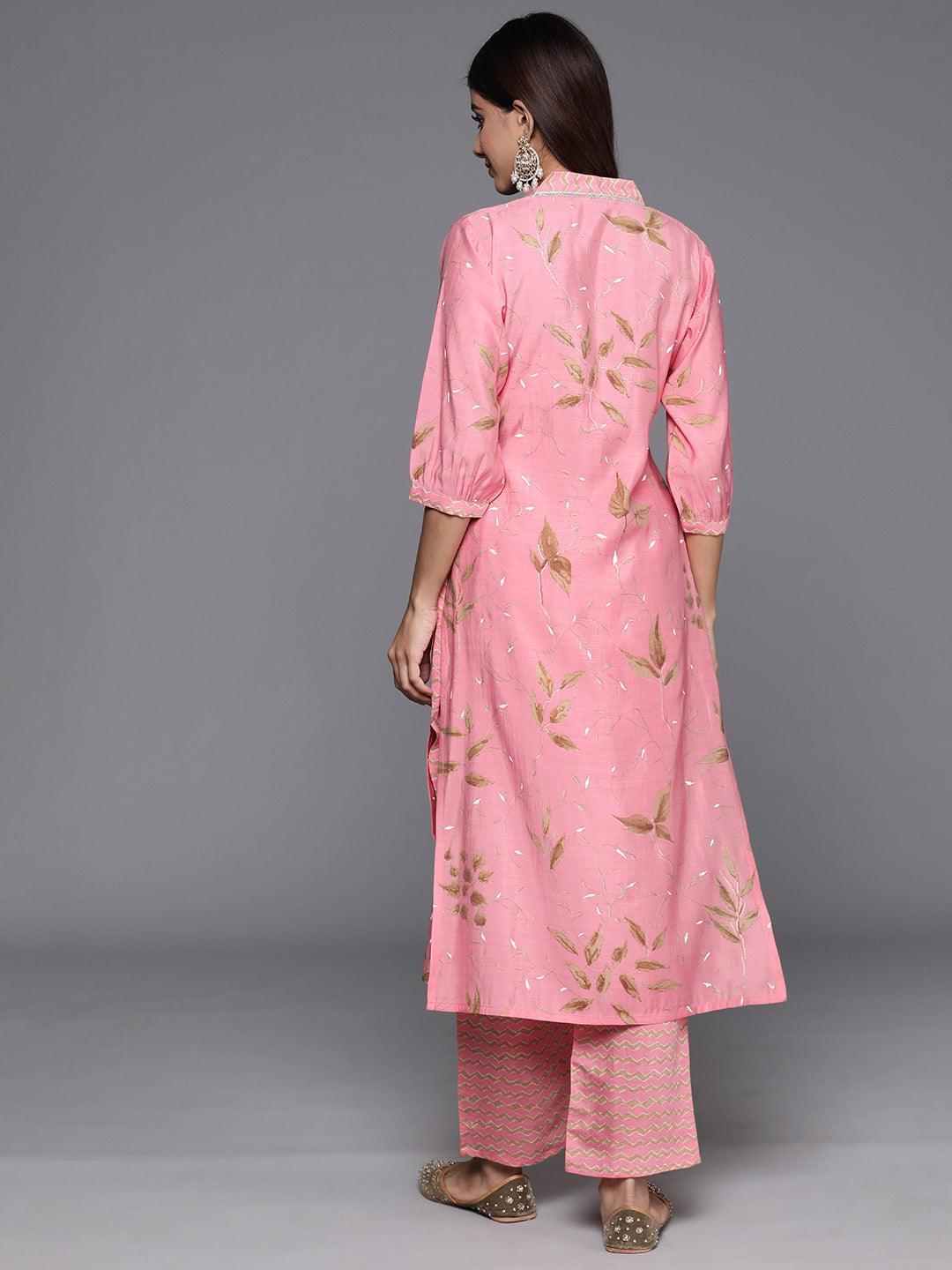 Pink Printed Silk Blend Straight Kurta Set