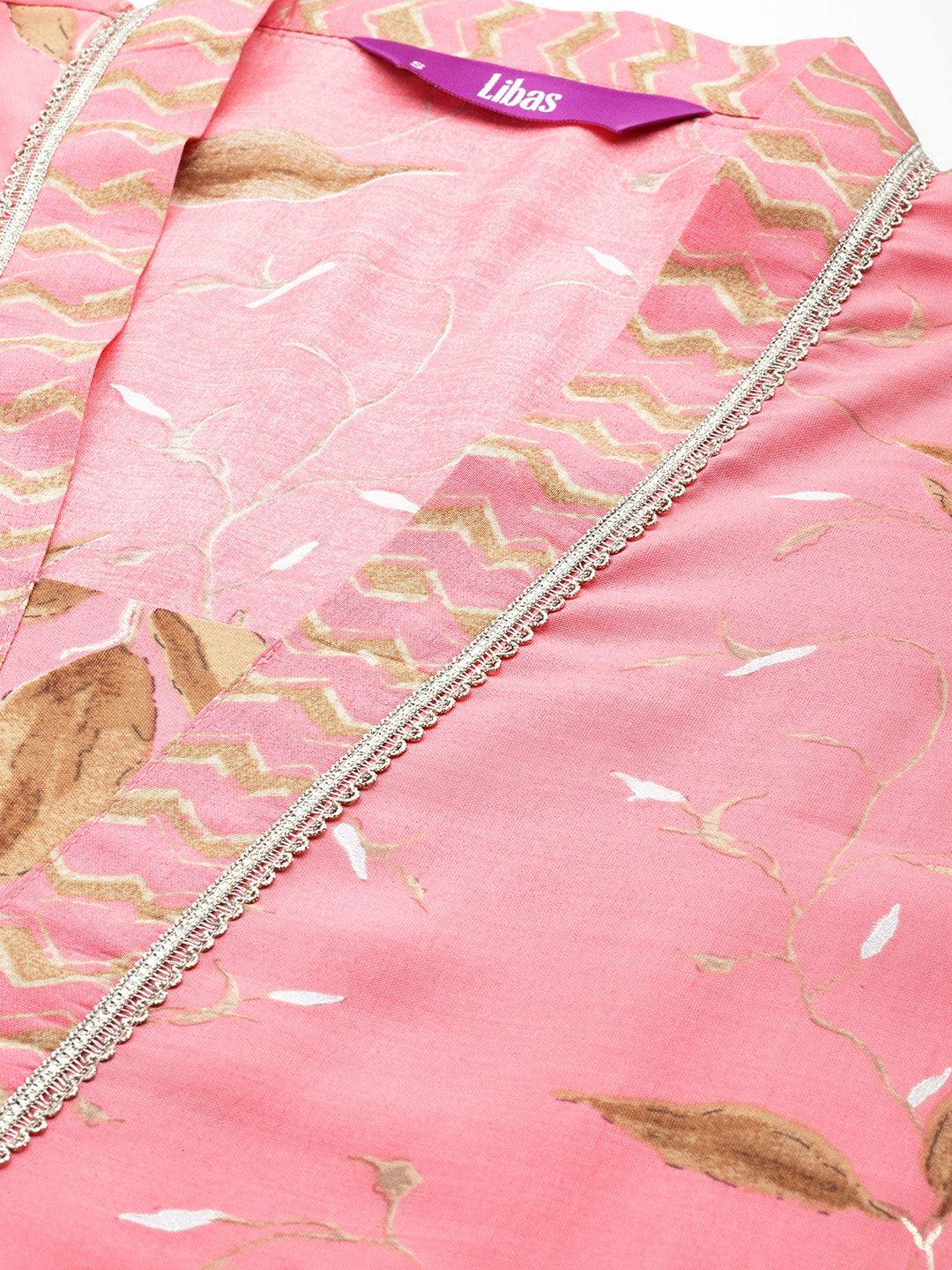 Pink Printed Silk Blend Straight Kurta Set