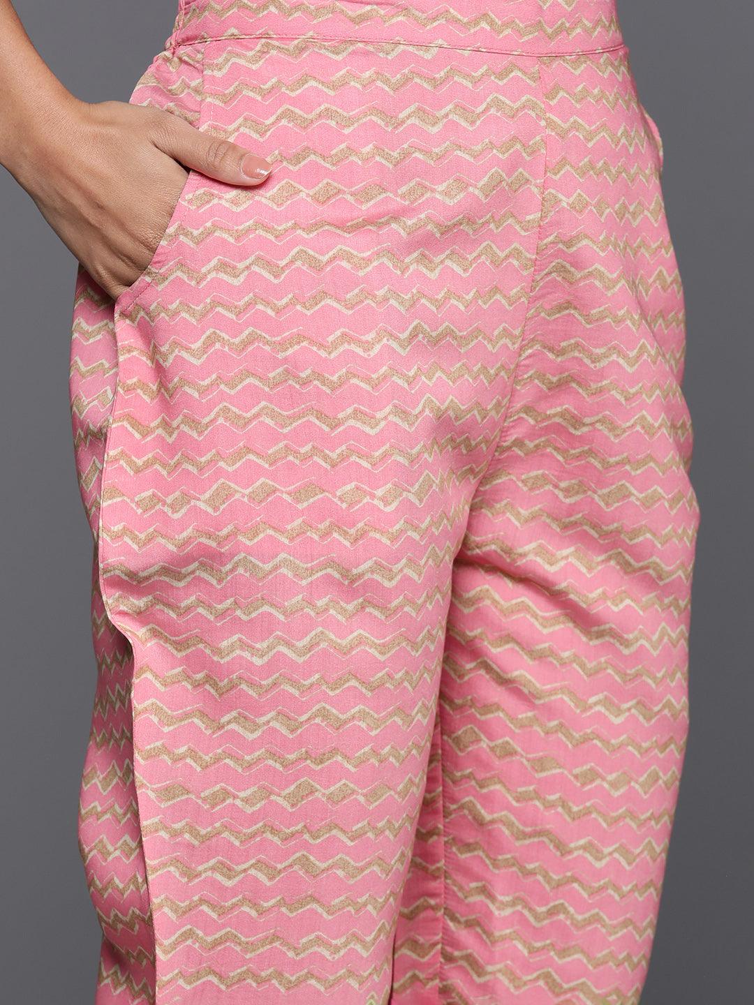 Pink Printed Silk Blend Straight Kurta Set